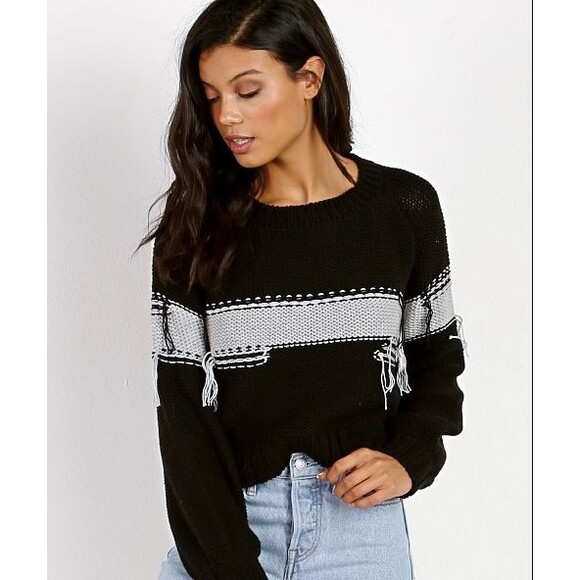 Nation LTD Puff Sleeve Crew Neck Black Sweater Gray Inside Out Stripe Large NWOT - Picture 3 of 7